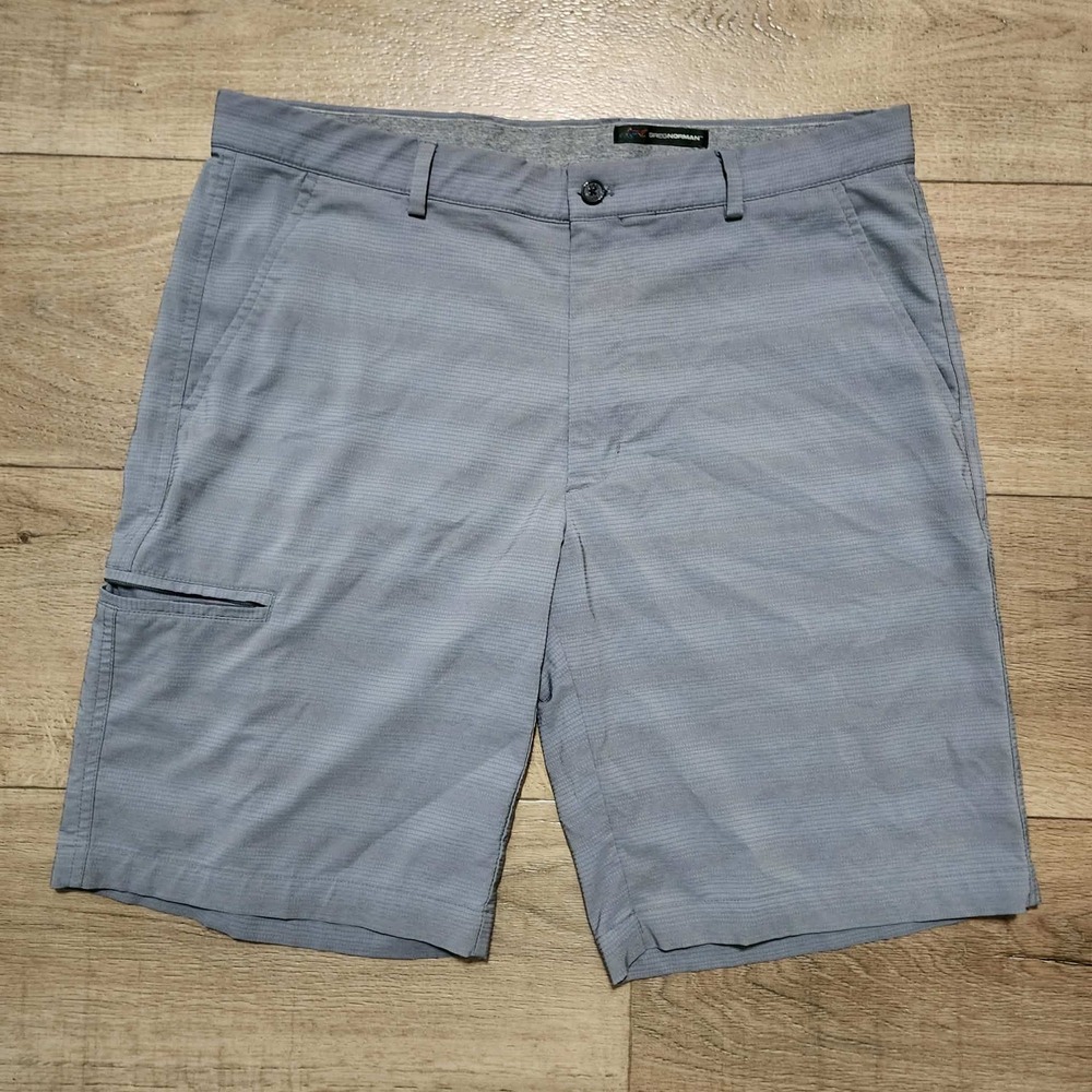 Greg Norman Mens Grey Golf Shorts Size 34 Performance Stretch Shark Logo Casual